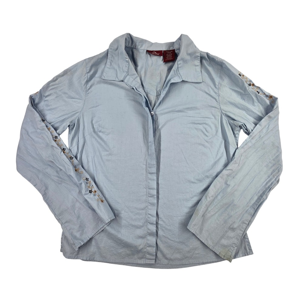 Vtg Jordache Womens Light Blue Embroidered Floral Sleeve Button Up Shirt Size L